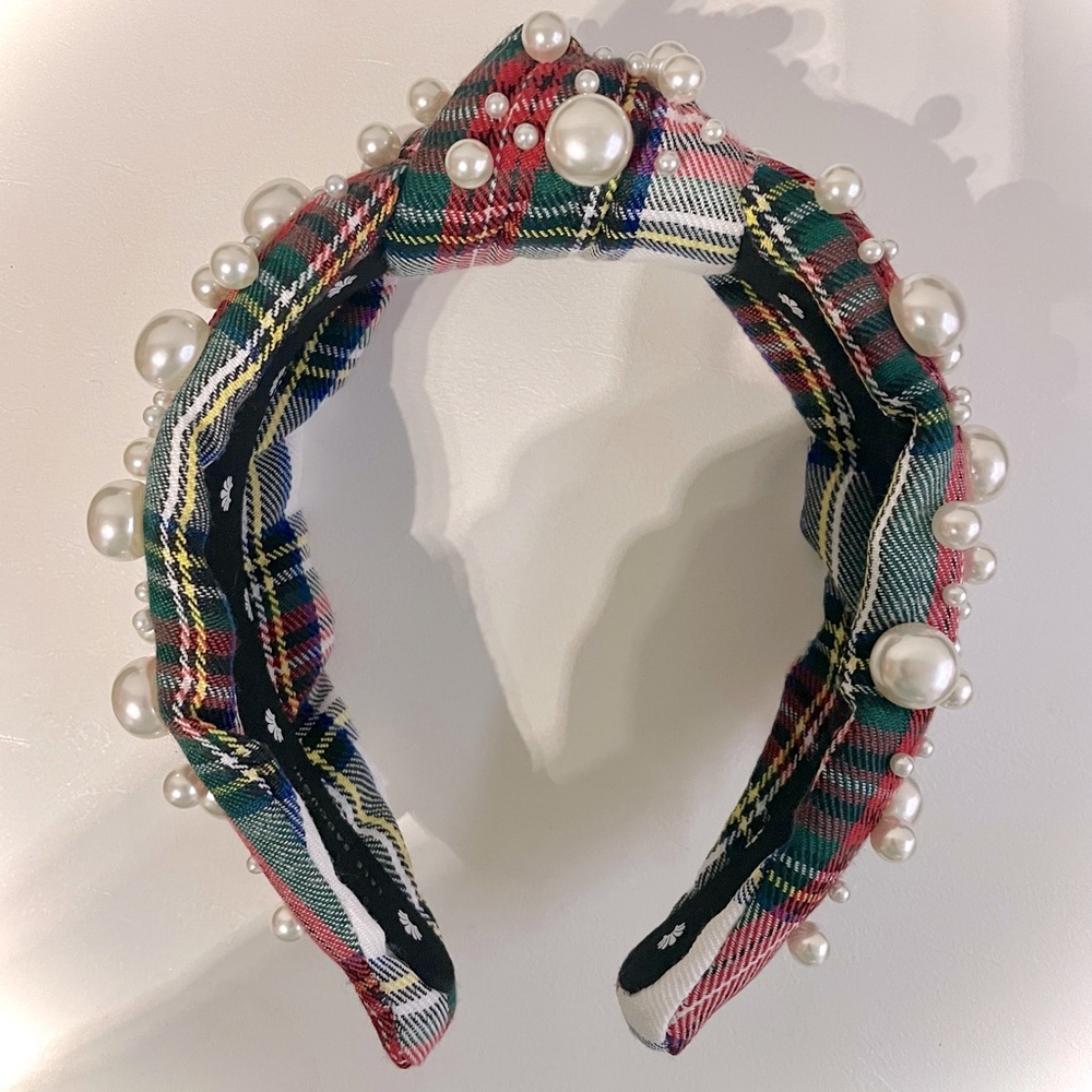 Lele Sadoughi Pearl-Embellished Ivory Plaid Knotted Headband